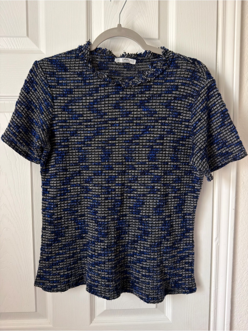 Zara Collection Blue Black Tweed Textured Short Sleeve Top M